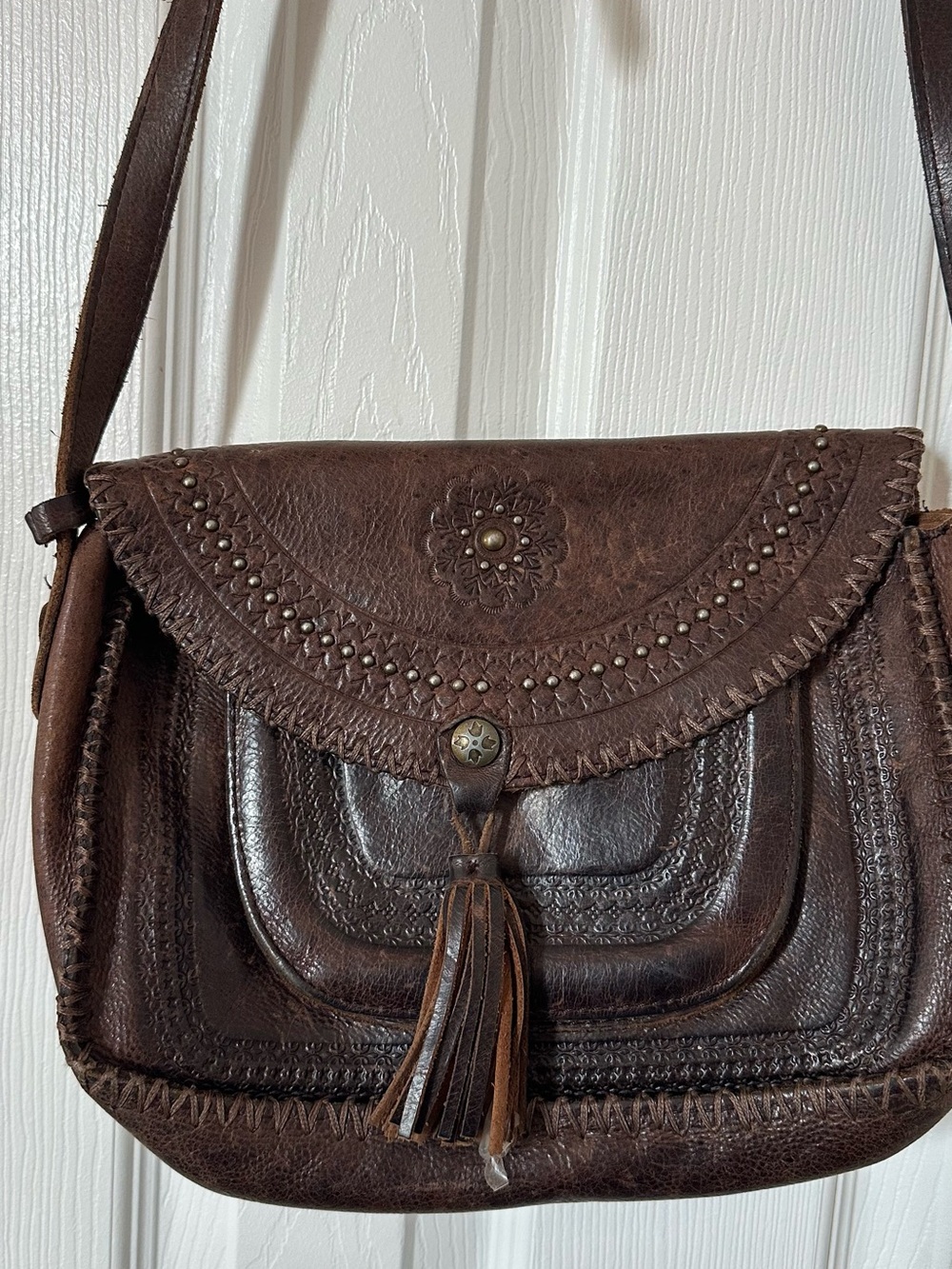 Patricia Nash Dark Brown Studded Leather Crossbody with Tassel